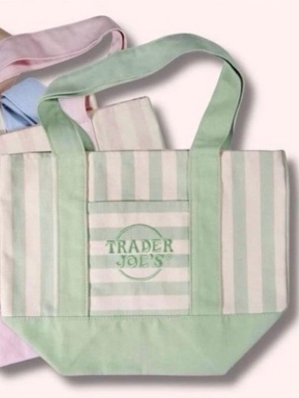 Trader Joe's Striped Mini Canvas Tote Bag - Sage & Cream